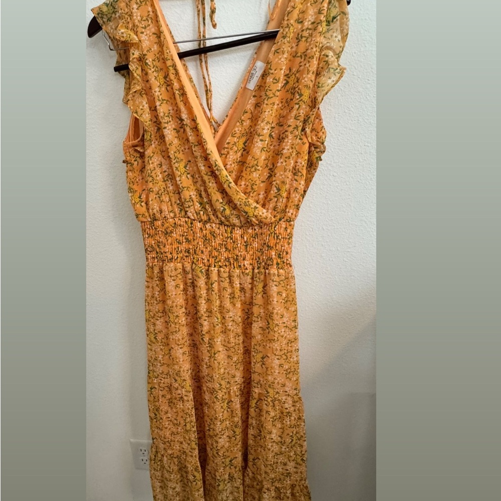 Sienna Sky Orange and Yellow Backless Midi Dress